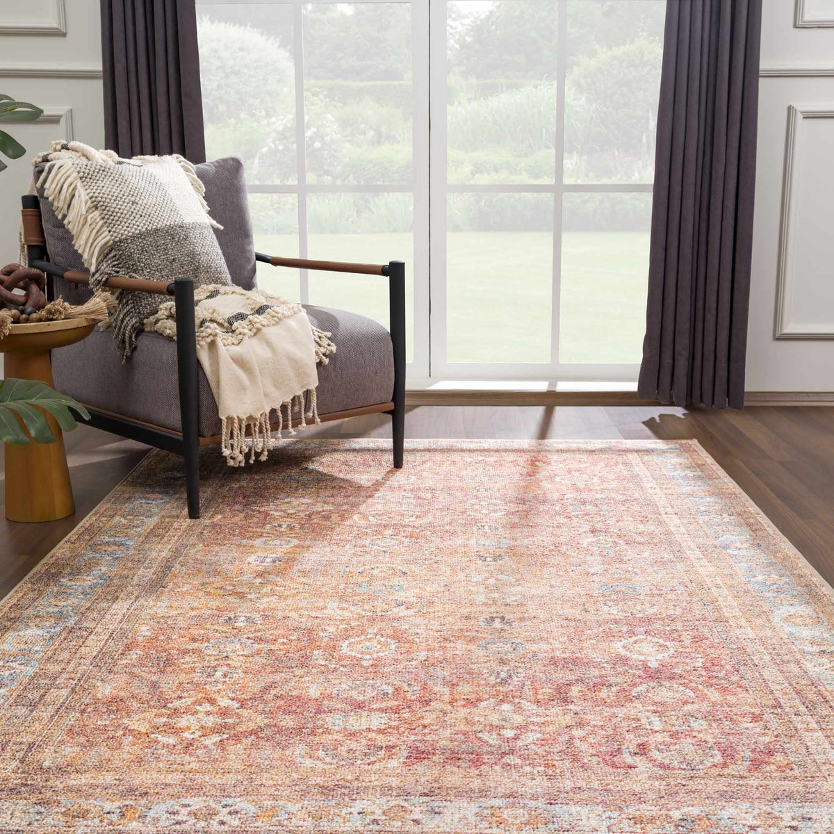 Anshu Peach Washable Area Rug, installed in a room