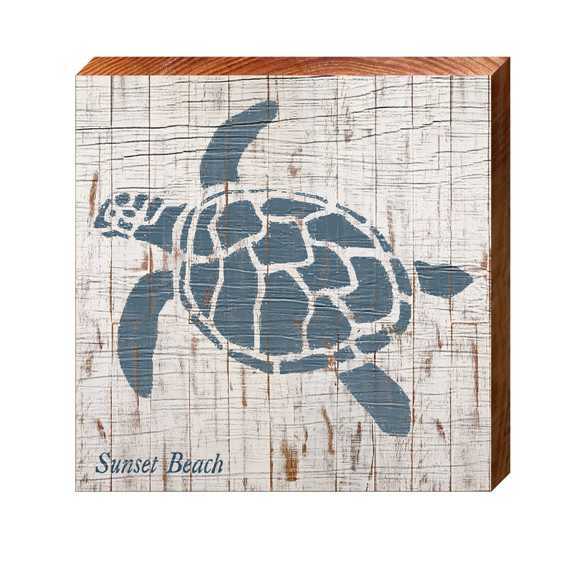 Sunset Beach Sea Turtle Navy White Shabby | Real Wood Art Print