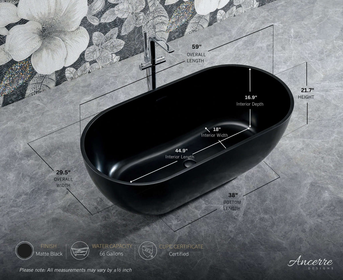 Cascade 59” Freestanding Solid Surface Bathtub, dimensions drawing