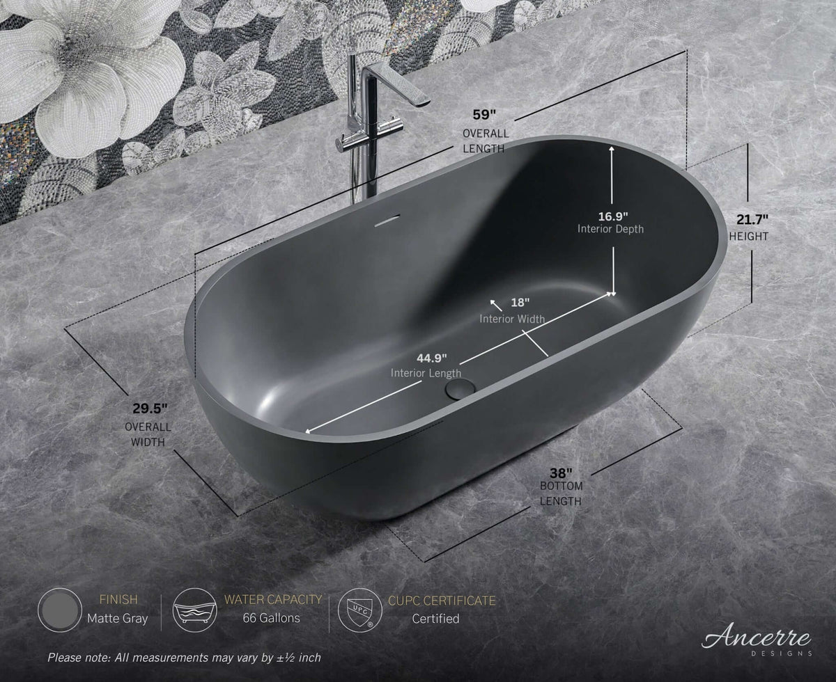 Cascade 59” Freestanding Solid Surface Bathtub, dimensions drawing