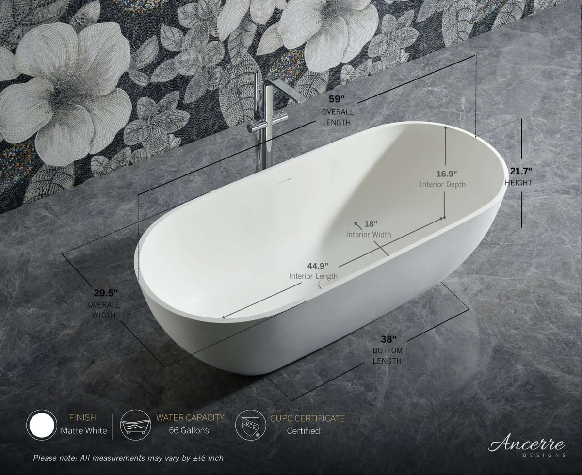 Cascade 59” Freestanding Solid Surface Bathtub, dimensions drawing