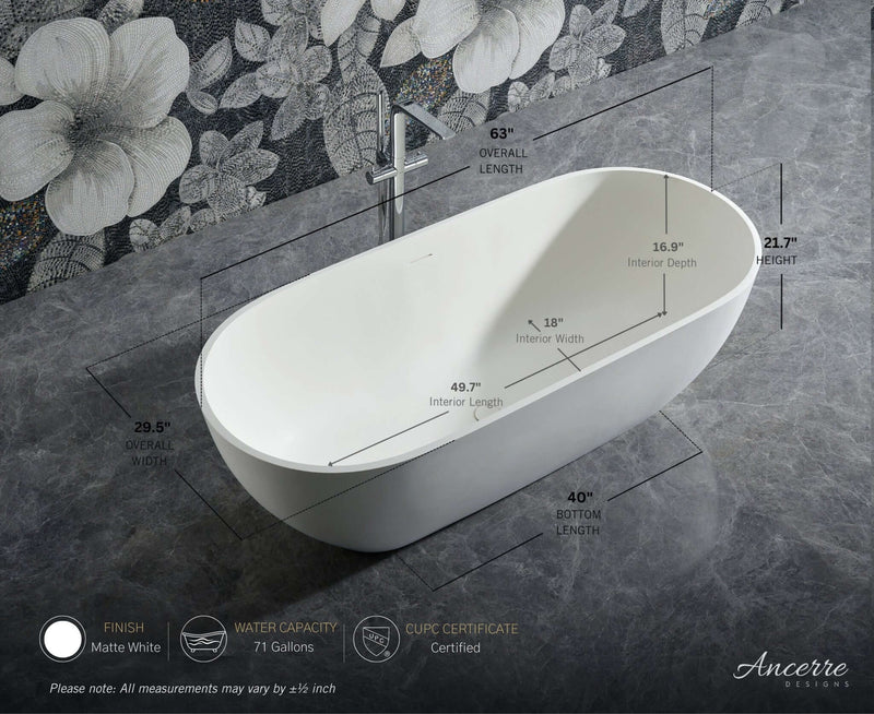 Cascade 63” Freestanding Solid Surface Bathtub, dimensions drawing