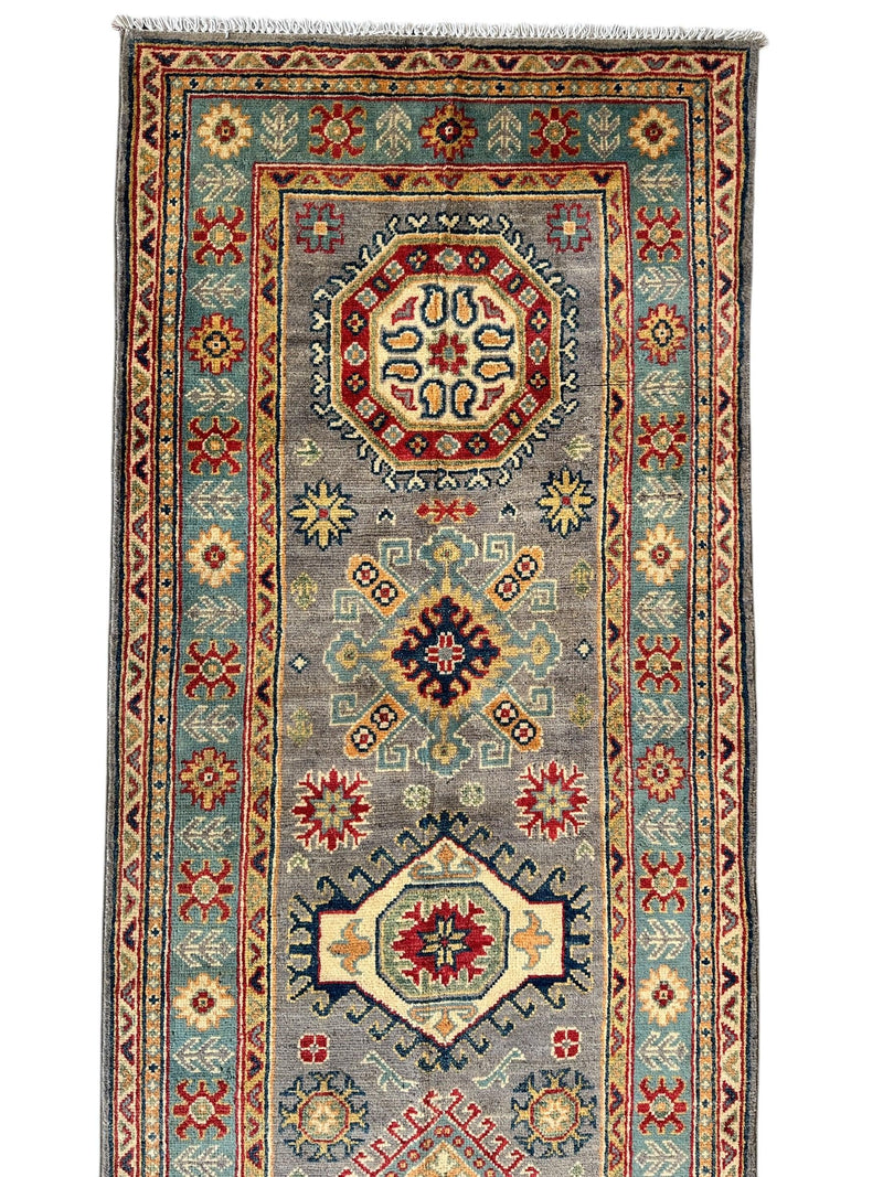 Hand-Knotted Afghan Kazak Wool Runner Rug – 2'7" x 12'3" – Traditional Geometric Design