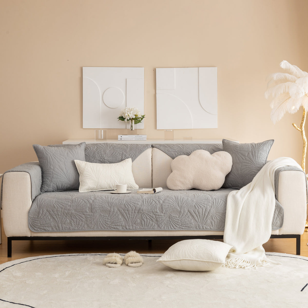 Embossed Leaf Cotton Quilted Sofa Cover Non-Slip Couch Protector with Thick Padding, photo 32 of 40