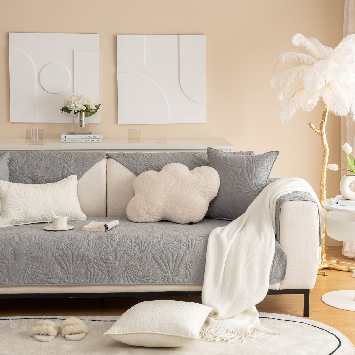 Embossed Leaf Cotton Quilted Sofa Cover Non-Slip Couch Protector with Thick Padding, photo 33 of 40