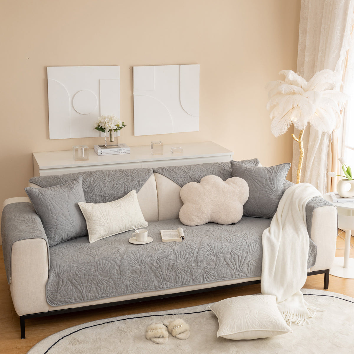 Embossed Leaf Cotton Quilted Sofa Cover Non-Slip Couch Protector with Thick Padding, photo 34 of 40