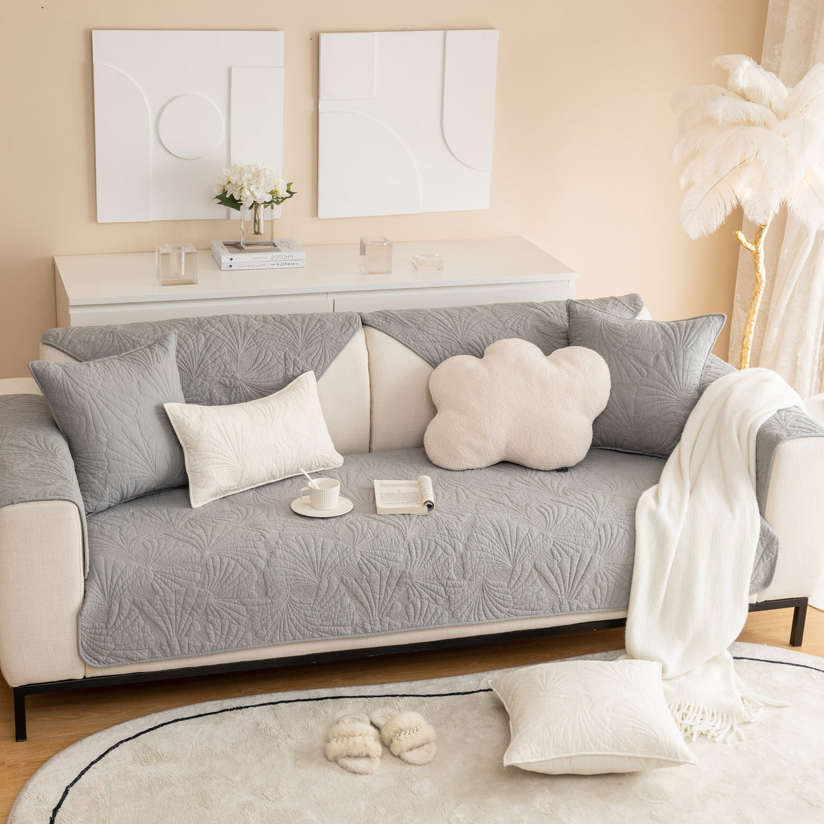 Embossed Leaf Cotton Quilted Sofa Cover Non-Slip Couch Protector with Thick Padding, photo 36 of 40