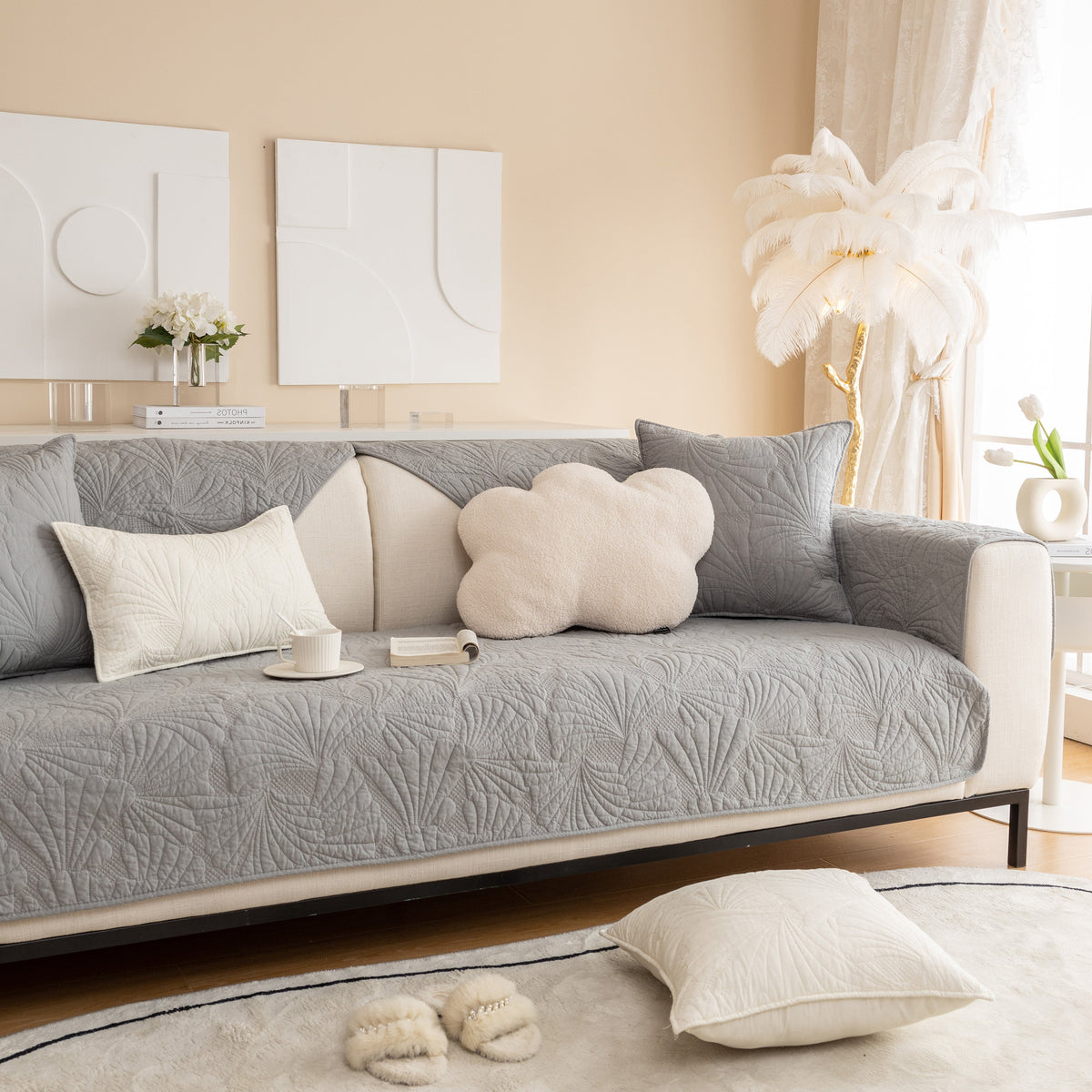 Embossed Leaf Cotton Quilted Sofa Cover Non-Slip Couch Protector with Thick Padding, photo 39 of 40