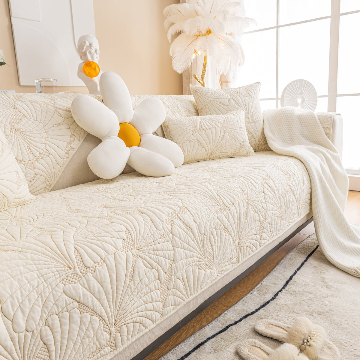 Embossed Leaf Cotton Quilted Sofa Cover Non-Slip Couch Protector with Thick Padding, photo 26 of 40