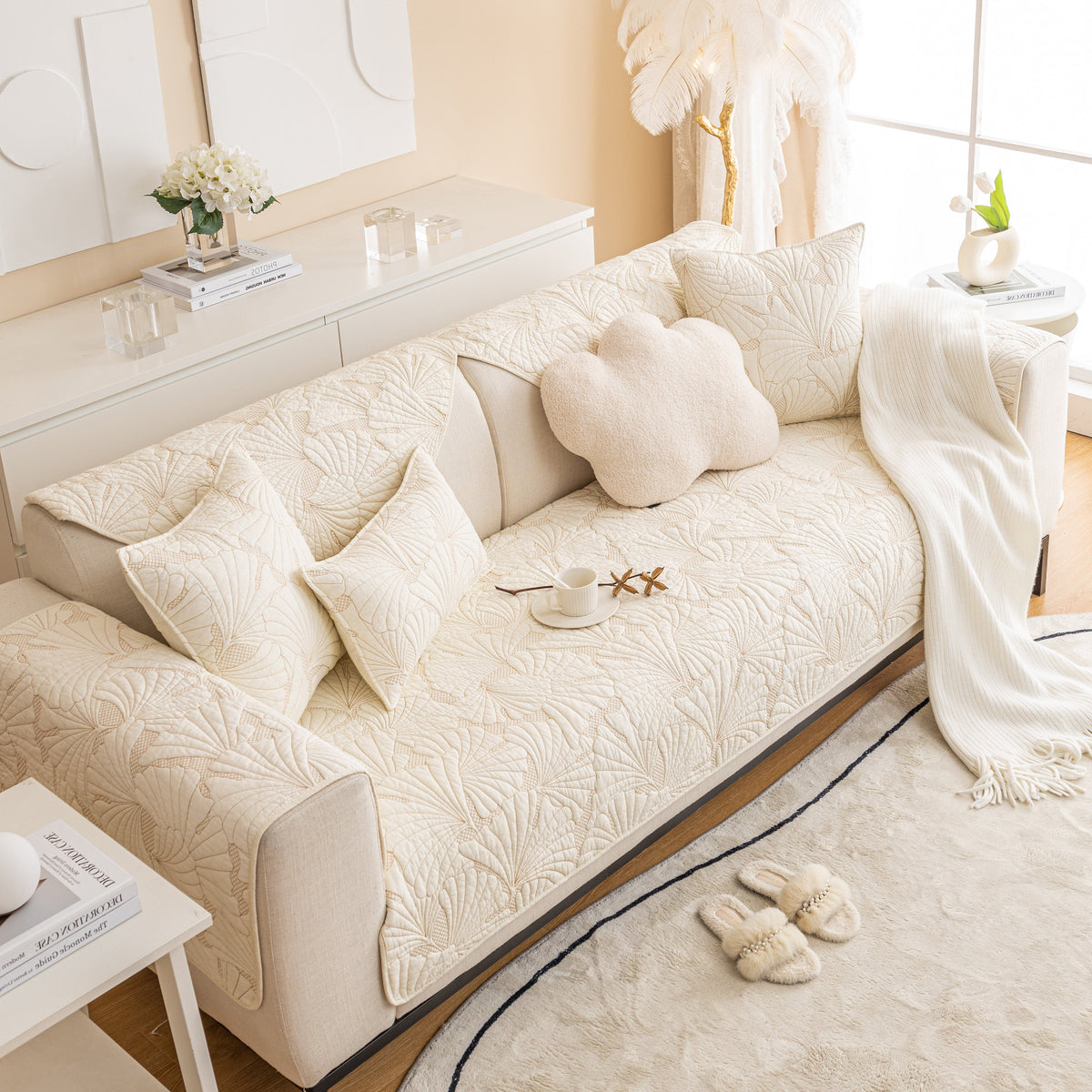 Embossed Leaf Cotton Quilted Sofa Cover Non-Slip Couch Protector with Thick Padding, photo 3 of 40