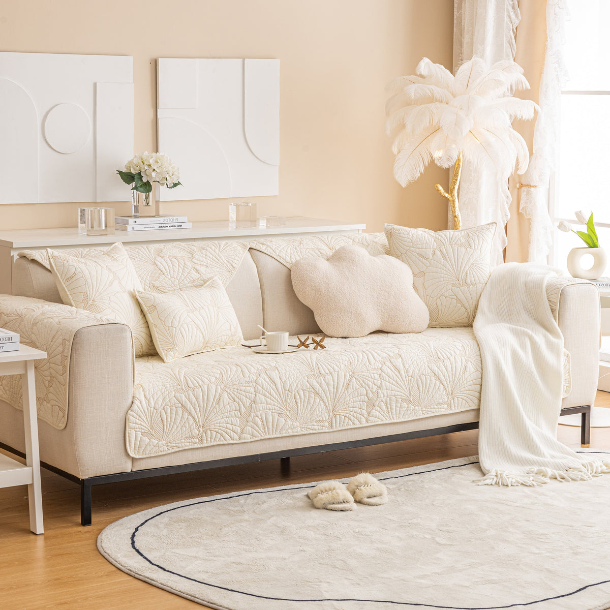 Embossed Leaf Cotton Quilted Sofa Cover Non-Slip Couch Protector with Thick Padding, photo 27 of 40