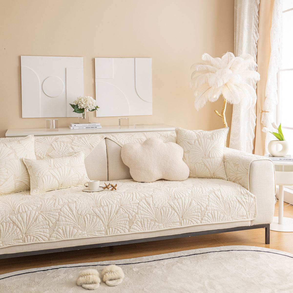 Embossed Leaf Cotton Quilted Sofa Cover Non-Slip Couch Protector with Thick Padding, photo 28 of 40