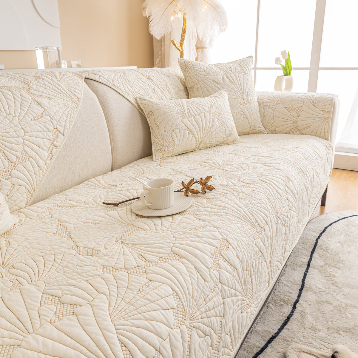 Embossed Leaf Cotton Quilted Sofa Cover Non-Slip Couch Protector with Thick Padding, photo 24 of 40
