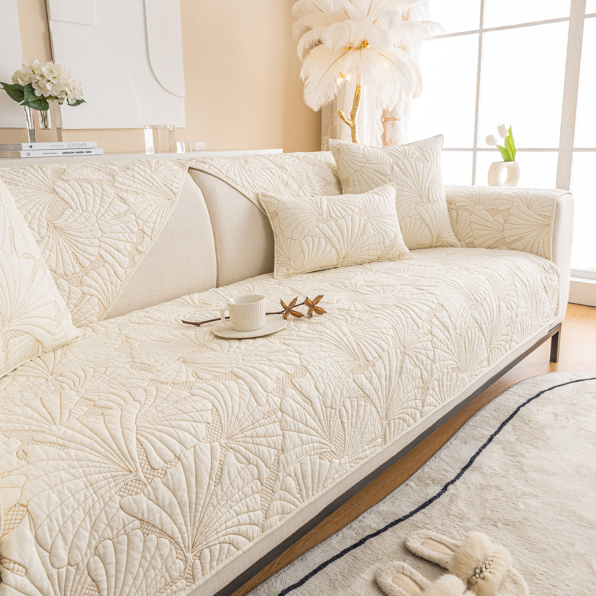 Embossed Leaf Cotton Quilted Sofa Cover Non-Slip Couch Protector with Thick Padding, photo 25 of 40