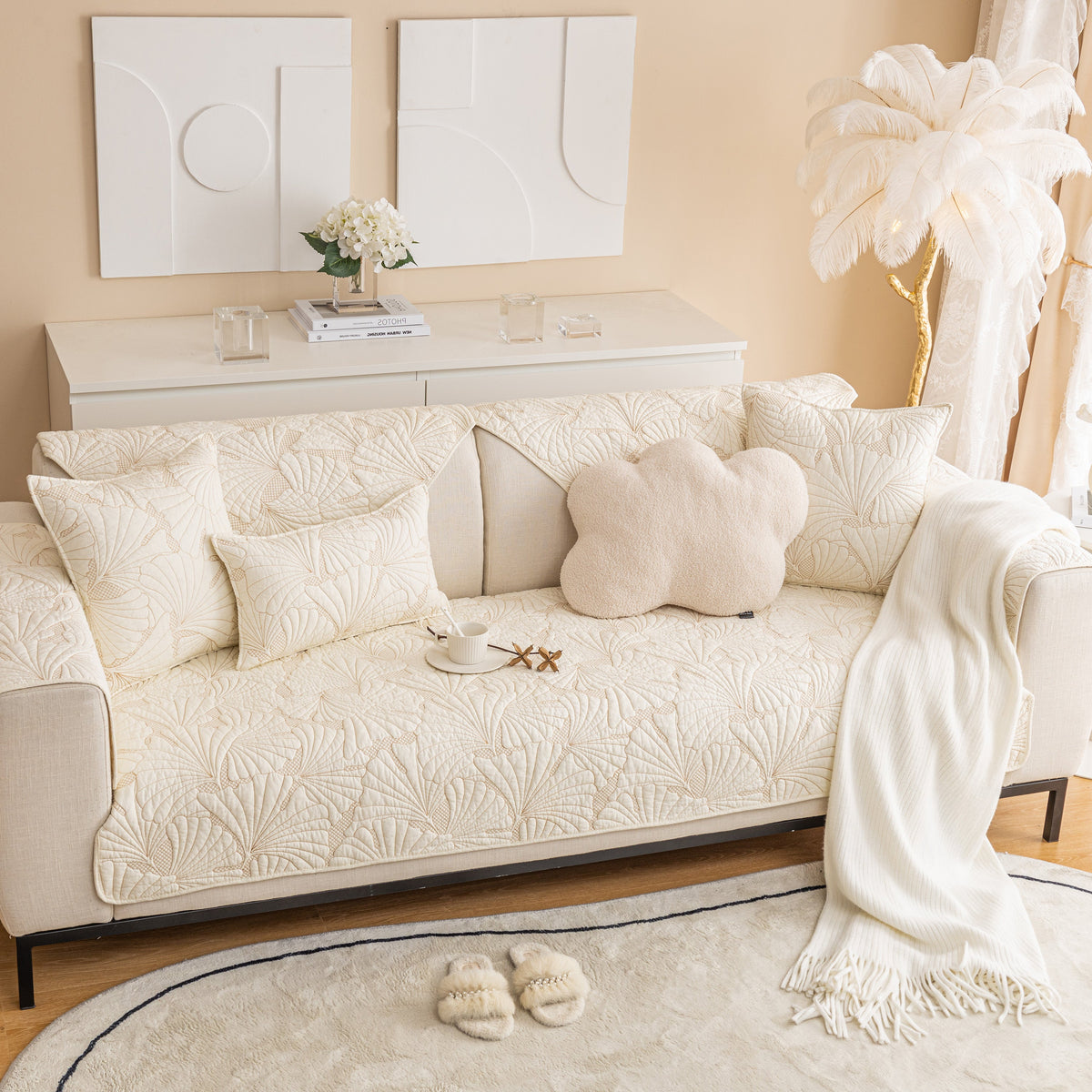 Embossed Leaf Cotton Quilted Sofa Cover Non-Slip Couch Protector with Thick Padding, photo 18 of 40