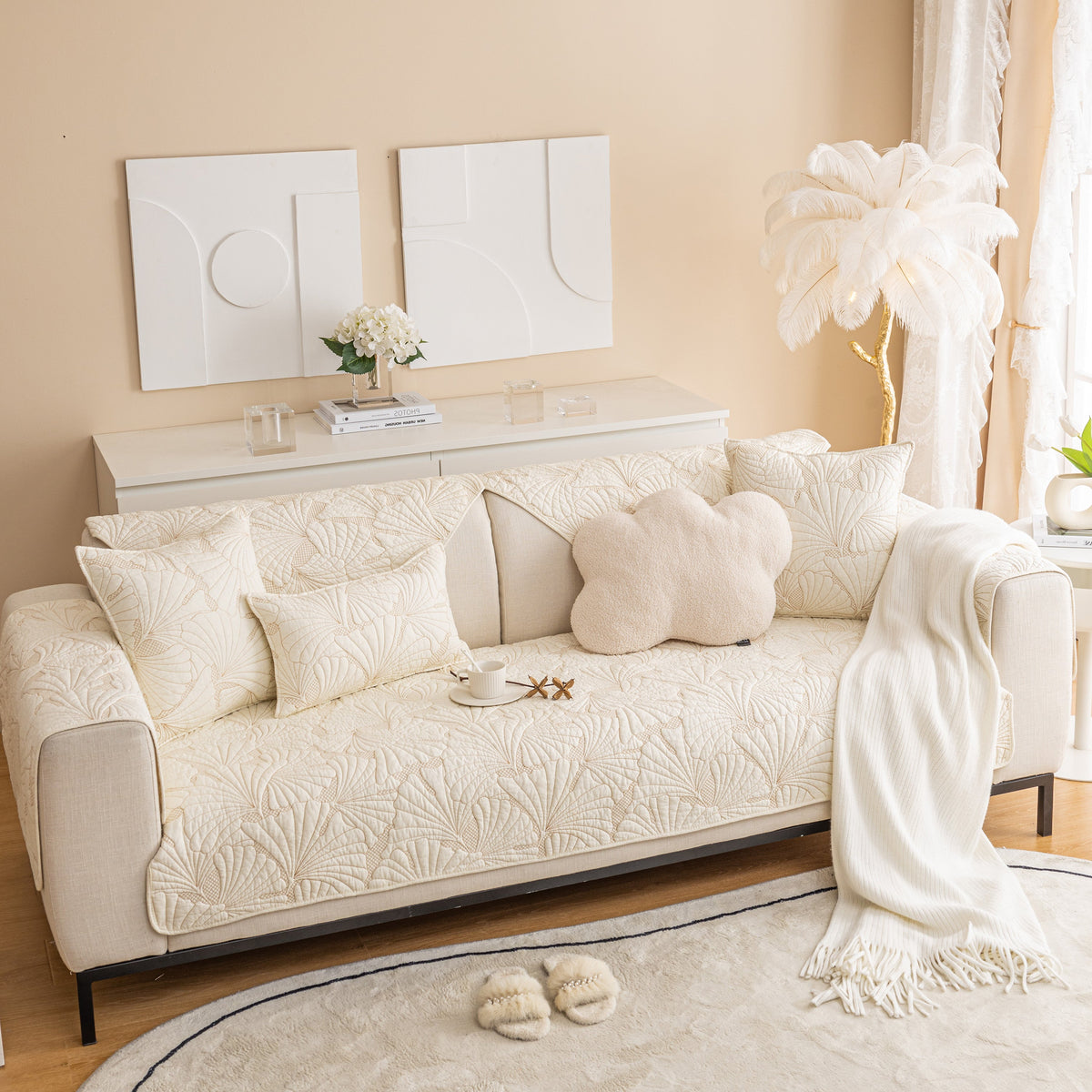 Embossed Leaf Cotton Quilted Sofa Cover Non-Slip Couch Protector with Thick Padding, photo 17 of 40