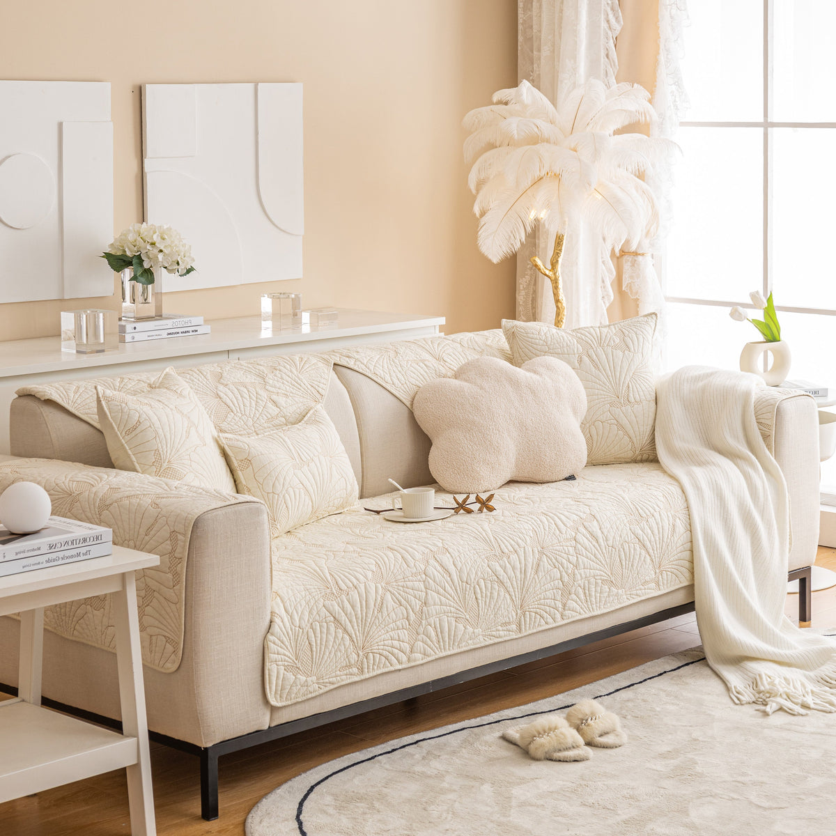 Embossed Leaf Cotton Quilted Sofa Cover Non-Slip Couch Protector with Thick Padding, photo 20 of 40