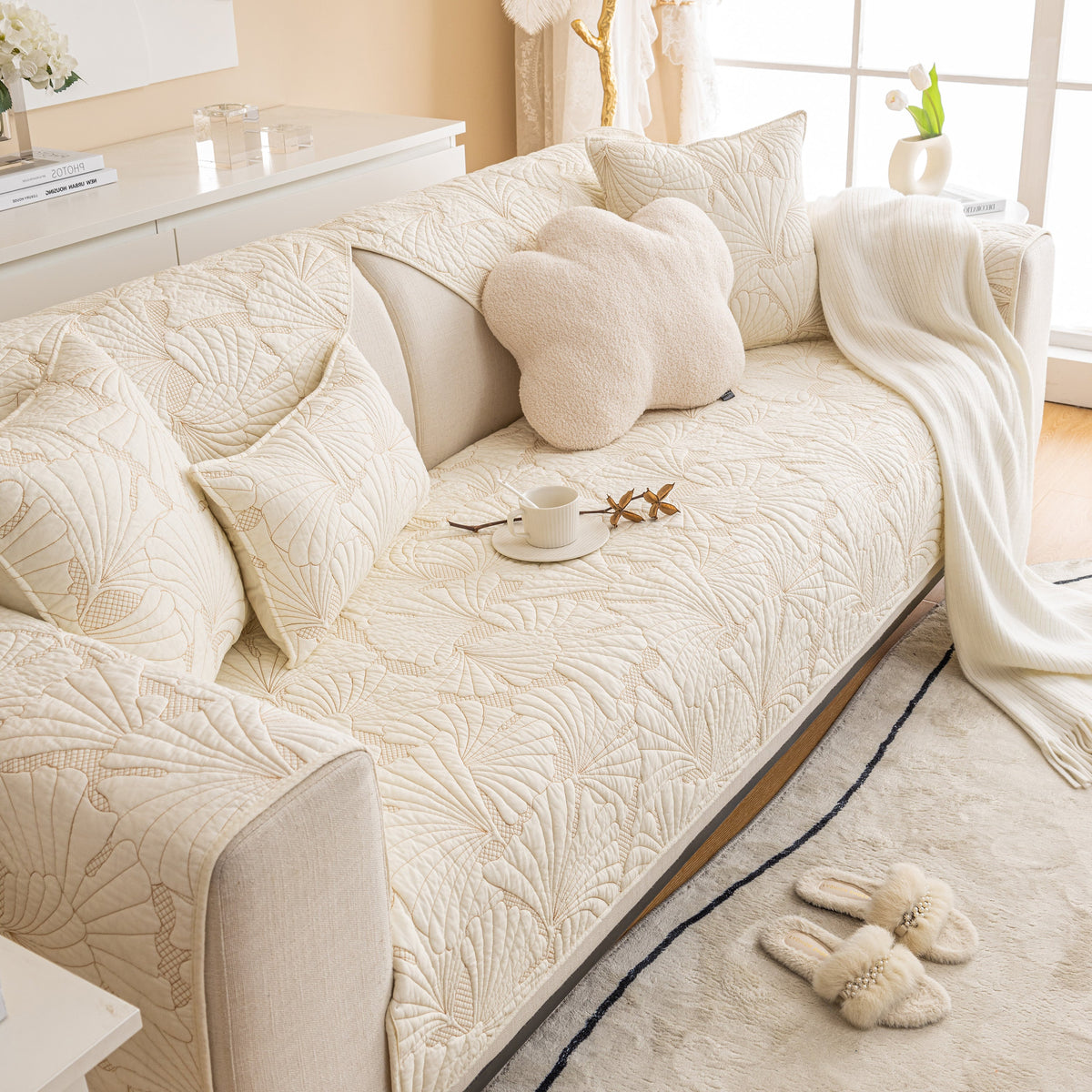 Embossed Leaf Cotton Quilted Sofa Cover Non-Slip Couch Protector with Thick Padding, photo 21 of 40