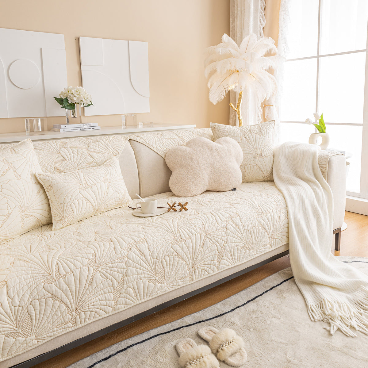 Embossed Leaf Cotton Quilted Sofa Cover Non-Slip Couch Protector with Thick Padding, photo 15 of 40