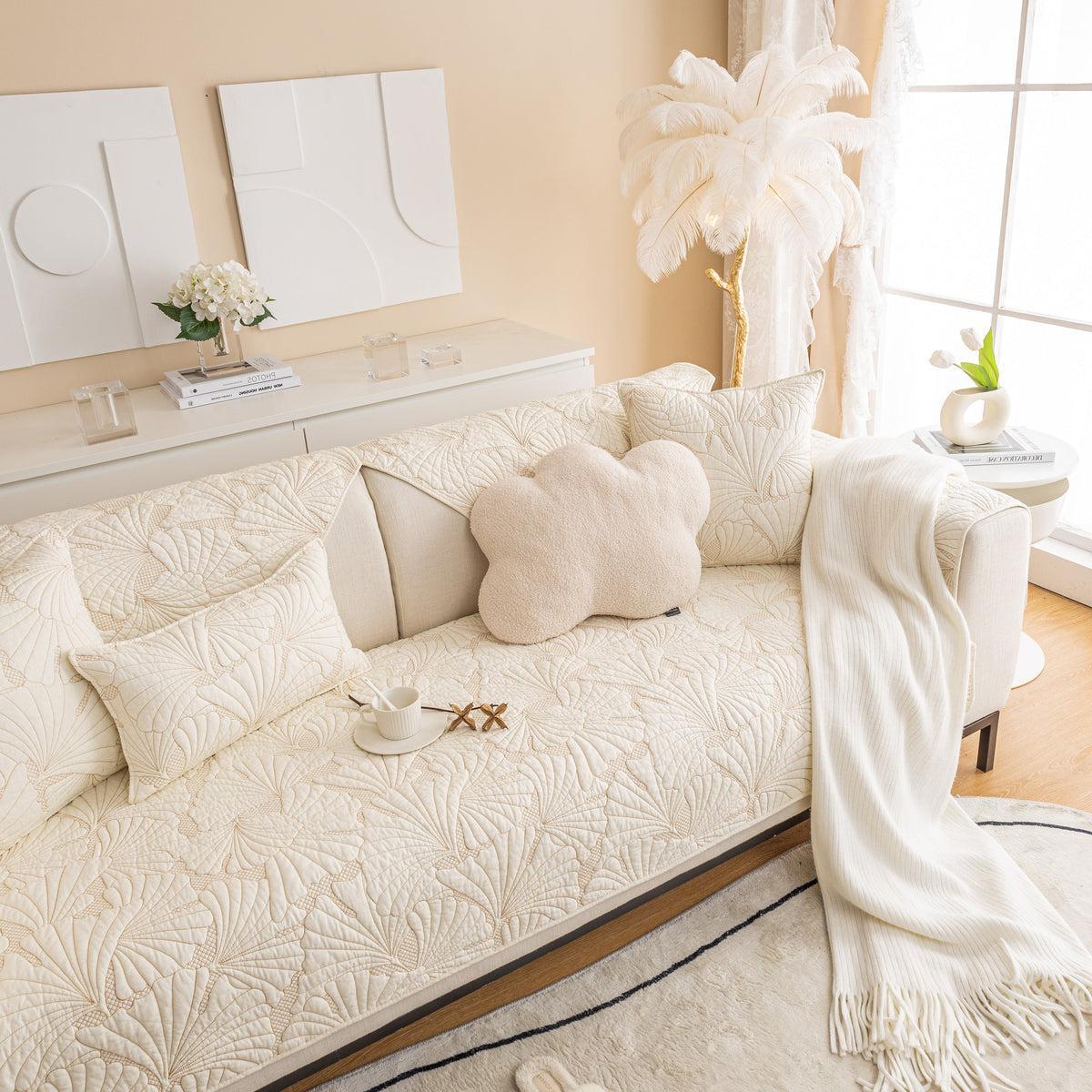 Embossed Leaf Cotton Quilted Sofa Cover Non-Slip Couch Protector with Thick Padding, photo 16 of 40