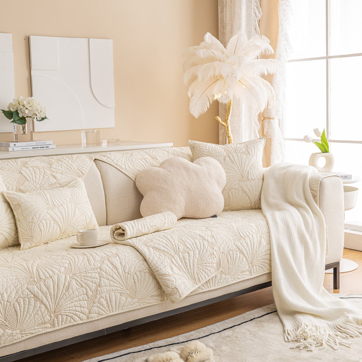 Embossed Leaf Cotton Quilted Sofa Cover Non-Slip Couch Protector with Thick Padding, photo 14 of 40