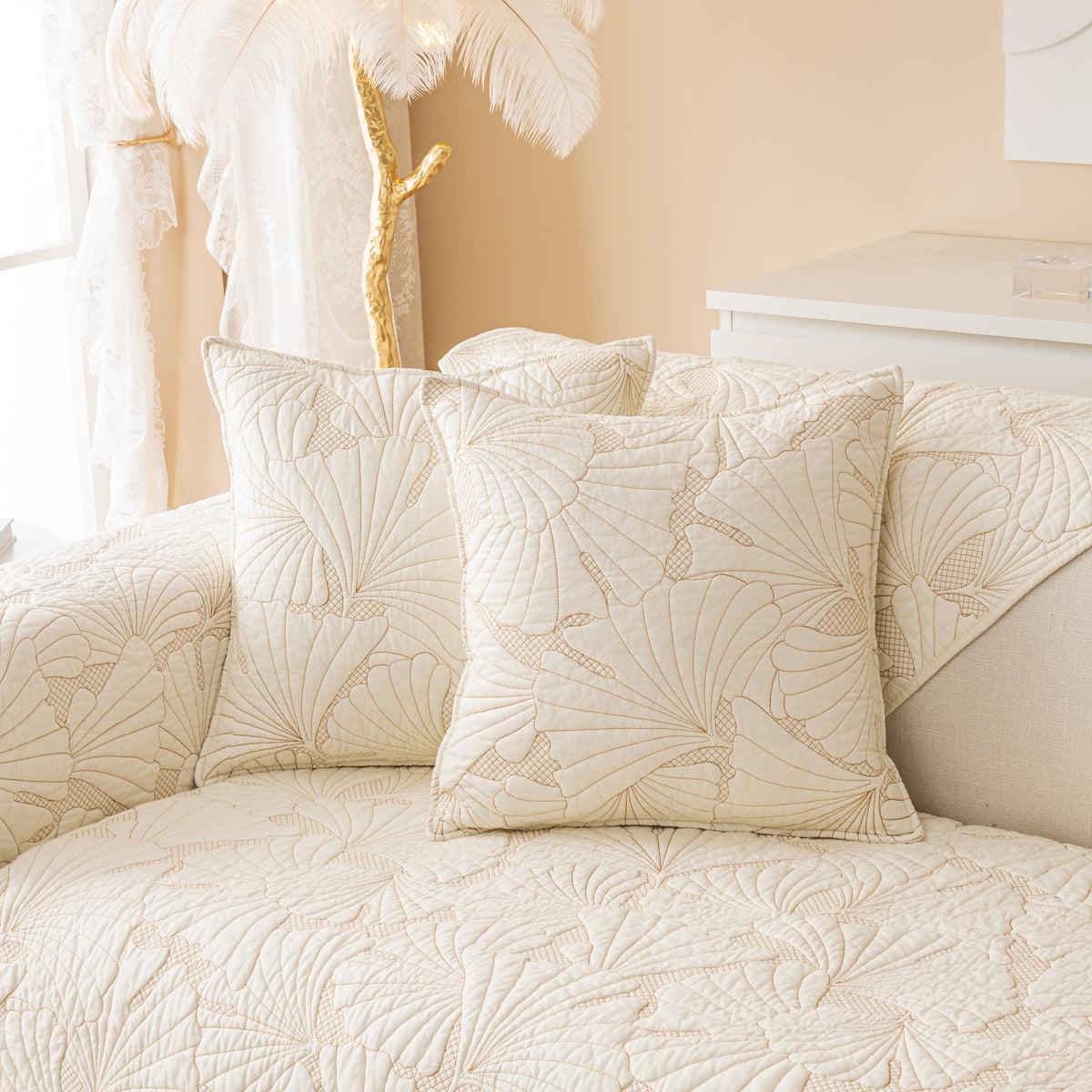 Embossed Leaf Cotton Quilted Sofa Cover Non-Slip Couch Protector with Thick Padding, photo 7 of 40