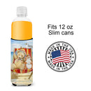 Summer Teddy Bear and Cat on Beach Slim Can Hugger , Insulated Foam Hugger for 12 oz Slim Cans, Beer Bottles & Water Bottles, Printed in USA