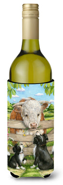 Bull and Pup Friends by Debbie Cook Wine Bottle Hugger Gift Sleeve for Standard 750 ml Bottles, Insulated Reusable Also Fits Mini Shot & Pint Bottles