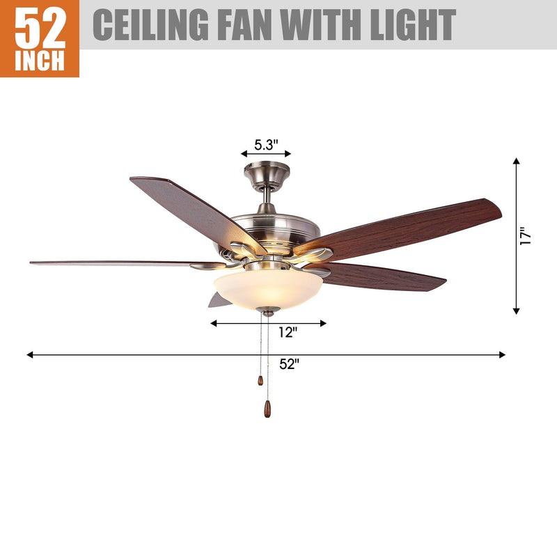 52" Traditional Pull Chain 5 Blades Ceiling Fan with Light