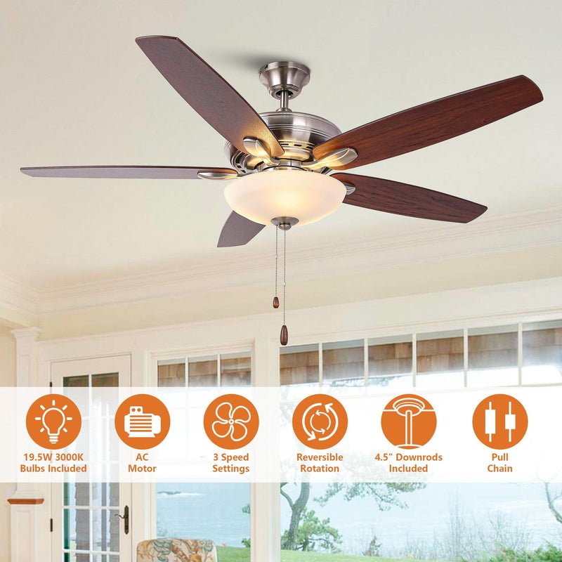 52" Traditional Pull Chain 5 Blades Ceiling Fan with Light