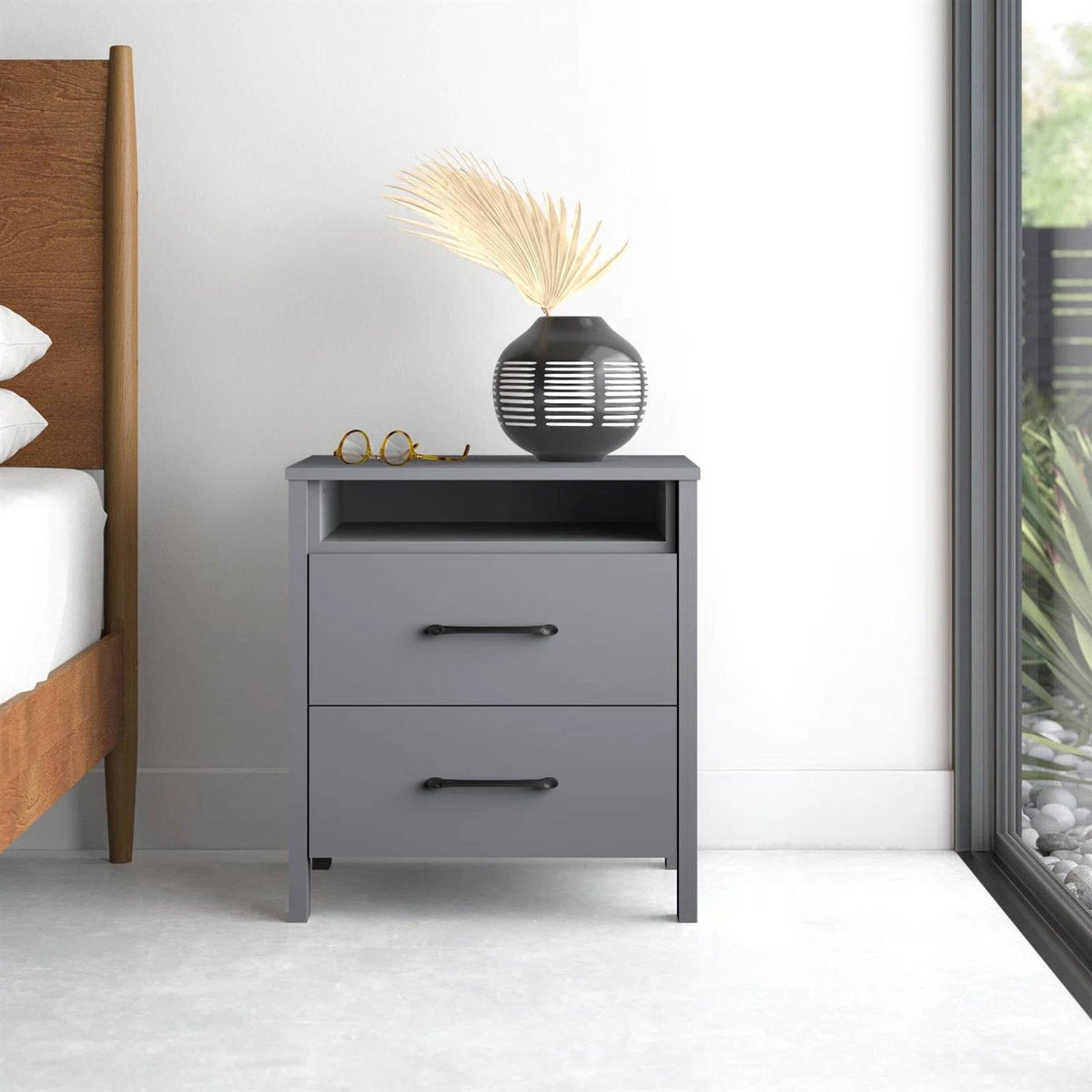 Modern 2-Drawer Bedside Table Nightstand with Open Shelf in Grey Wood Finish, photo 5 of 5