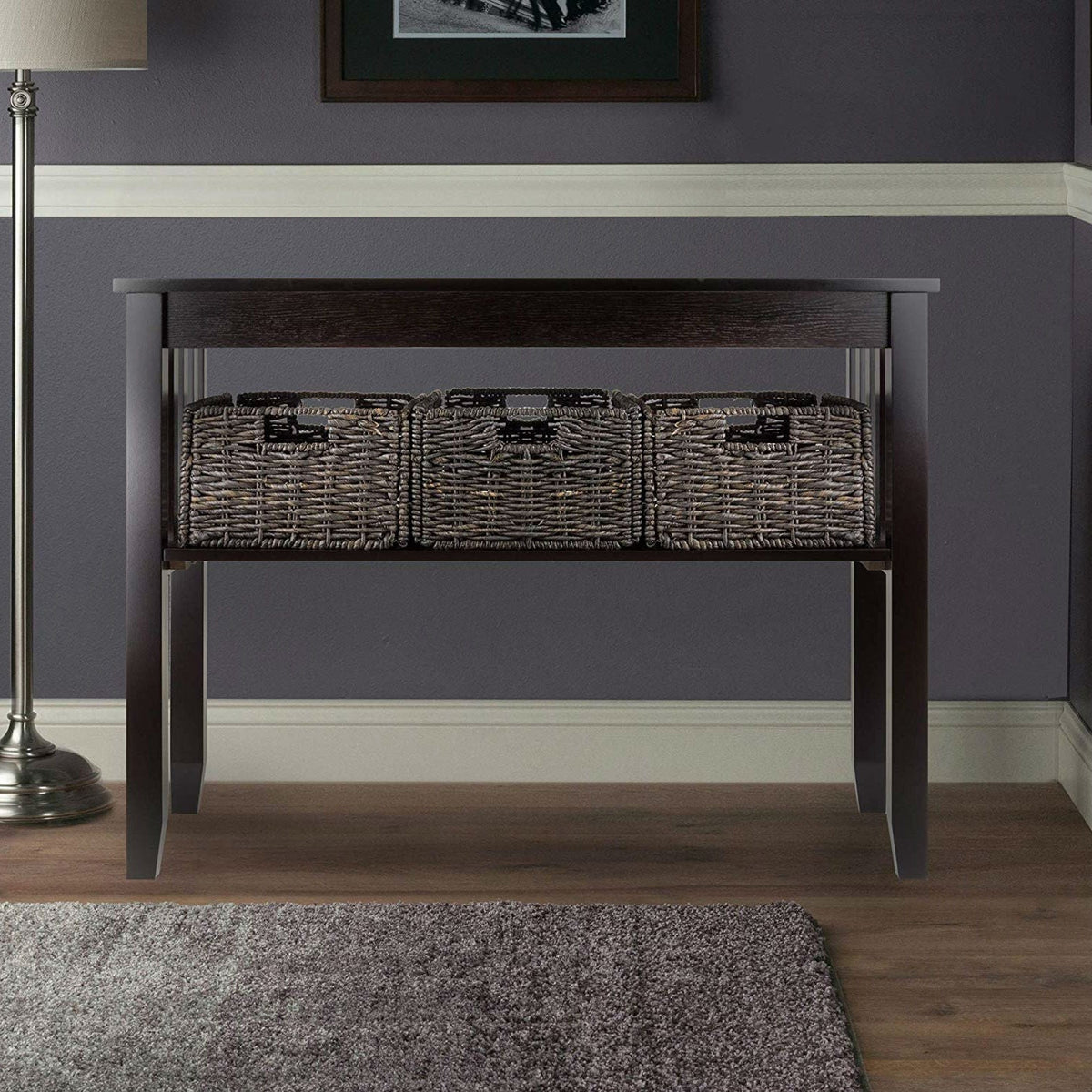 Espresso 2 Tier Entryway Hall Console Table with 3 Storage Baskets, photo 4 of 4