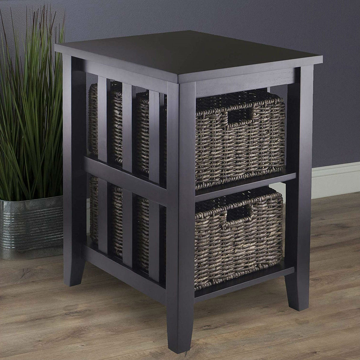 Espresso 3 Tier Bookcase Shelf Accent Table with 2 Small Storage Baskets, photo 4 of 4
