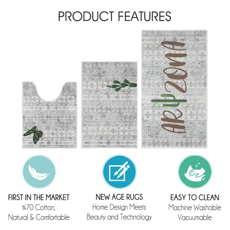 US States Arizona Design 3 Piece Bathroom Rugs Set |Gray
