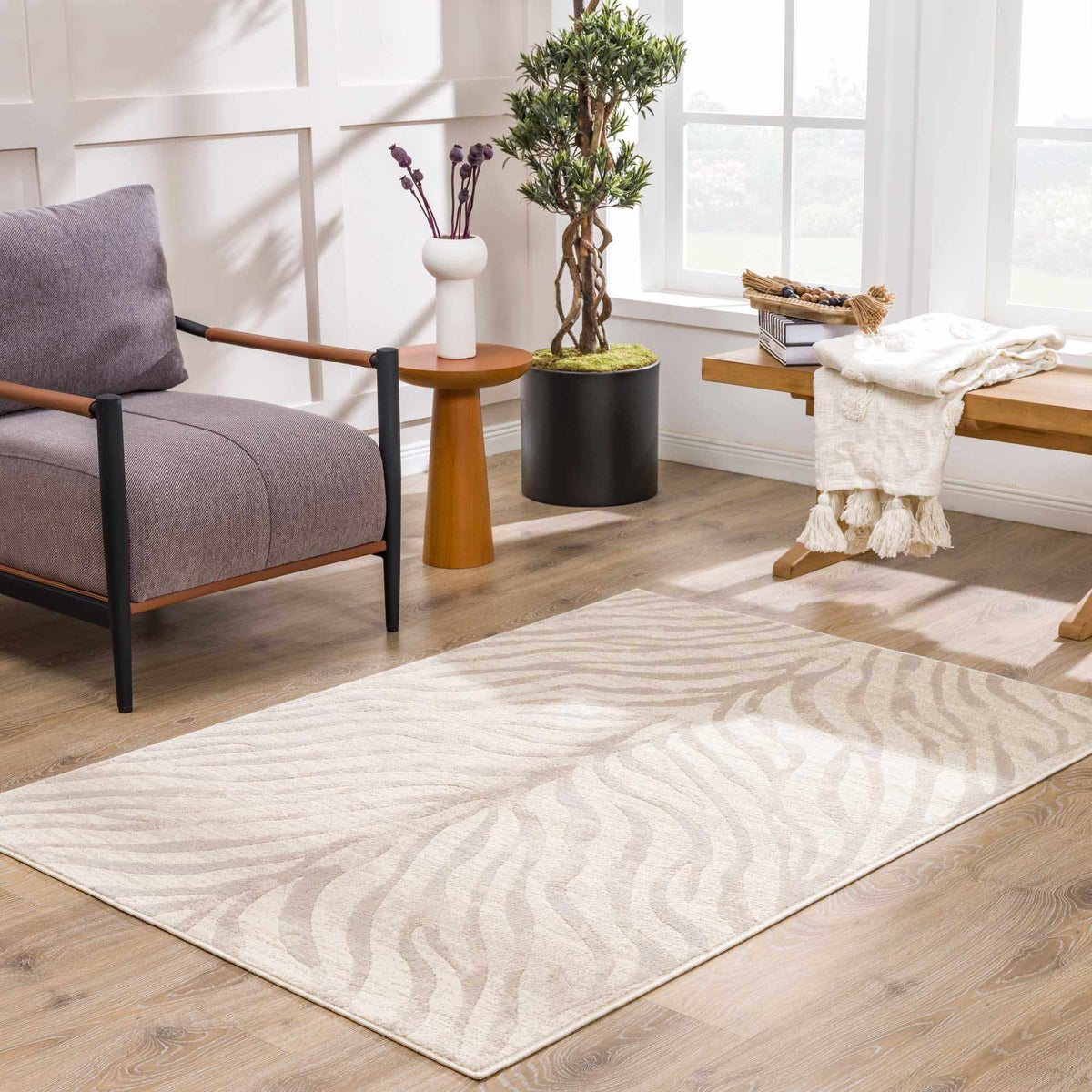 Beige Manteca Zebra Print Area Rug, installed in a room