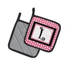 Letter L Monogram - Pink Black Polka Dots Pot Holder Set of 2 Heat Resistant Quilted Hot Pads 7.5 x 7.5 Inch, Insulated Kitchen Trivets for Cooking & Baking