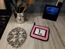 Letter L Monogram - Pink Black Polka Dots Pot Holder Set of 2 Heat Resistant Quilted Hot Pads 7.5 x 7.5 Inch, Insulated Kitchen Trivets for Cooking & Baking