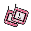 Letter L Monogram - Pink Black Polka Dots Pot Holder Set of 2 Heat Resistant Quilted Hot Pads 7.5 x 7.5 Inch, Insulated Kitchen Trivets for Cooking & Baking