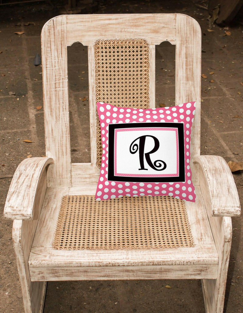 Letter R Initial Monogram Pink Black Polka Dots Decorative Canvas Fabric Pillow