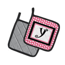 Letter Y Monogram - Pink Black Polka Dots Pot Holder Set of 2 Heat Resistant Quilted Hot Pads 7.5 x 7.5 Inch, Insulated Kitchen Trivets for Cooking & Baking