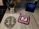 Letter Y Monogram - Pink Black Polka Dots Pot Holder Set of 2 Heat Resistant Quilted Hot Pads 7.5 x 7.5 Inch, Insulated Kitchen Trivets for Cooking & Baking