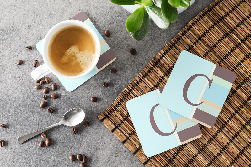 Set of 4 Monogram - Blue Stripes Foam Coasters Initial Letter C