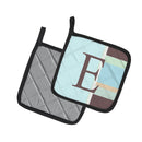 Letter E Initial Monogram - Blue Stripes Pot Holder Set of 2 Heat Resistant Quilted Hot Pads 7.5 x 7.5 Inch, Insulated Kitchen Trivets for Cooking & Baking