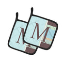 Letter M Initial Monogram - Blue Stripes Pot Holder Set of 2 Heat Resistant Quilted Hot Pads 7.5 x 7.5 Inch, Insulated Kitchen Trivets for Cooking & Baking