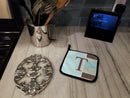 Letter T Initial Monogram - Blue Stripes Pot Holder Set of 2 Heat Resistant Quilted Hot Pads 7.5 x 7.5 Inch, Insulated Kitchen Trivets for Cooking & Baking