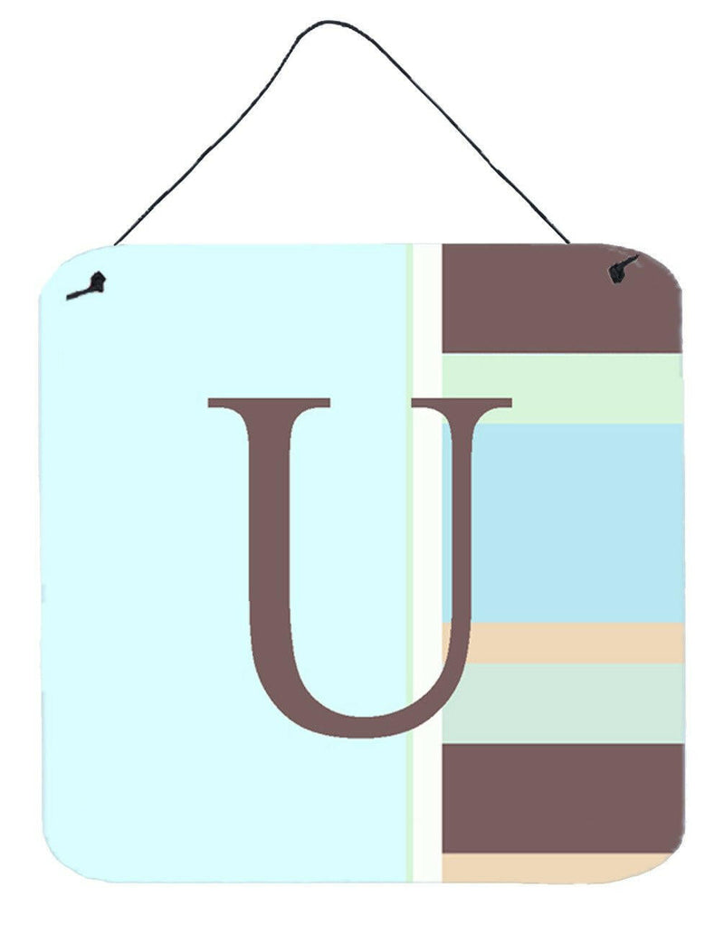 Letter U Initial Monogram - Blue Stripes Wall or Door Hanging Prints