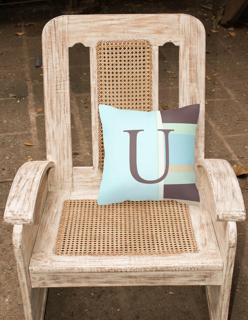 Letter U Initial Monogram - Blue Stripes Decorative   Canvas Fabric Pillow