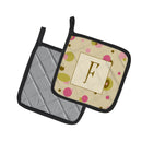 Letter F Initial Monogram - Tan Dots Pot Holder Set of 2 Heat Resistant Quilted Hot Pads 7.5 x 7.5 Inch, Insulated Kitchen Trivets for Cooking & Baking