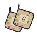 Letter G Initial Monogram - Tan Dots Pot Holder Set of 2 Heat Resistant Quilted Hot Pads 7.5 x 7.5 Inch, Insulated Kitchen Trivets for Cooking & Baking