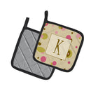 Letter K Initial Monogram - Tan Dots Pot Holder Set of 2 Heat Resistant Quilted Hot Pads 7.5 x 7.5 Inch, Insulated Kitchen Trivets for Cooking & Baking